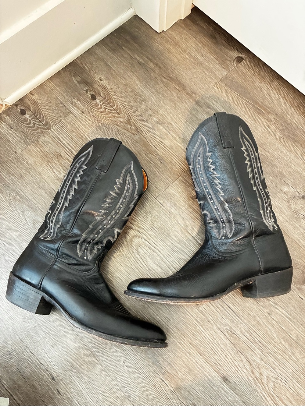 VTG Lucchese 2000 Black Leather Western Cowboy Boots Men’s Embroidered Sz 13D